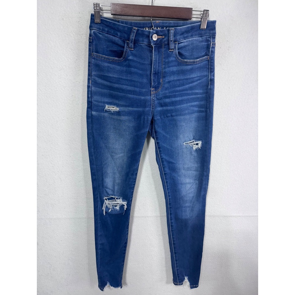 American Eagle 4 Blue Super‎ Hi-Rise Jegging Women's Distressed Raw Hem